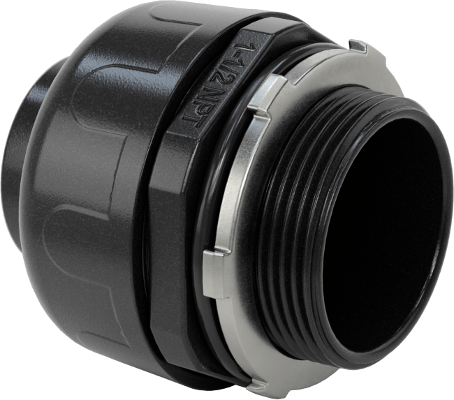 Sıvı Geçirmez Esnek Plastik Kanal Adaptörü, Düz, 1-1/2 Push-In Dişi x 1-1/2 NPT Erkek, Siyah