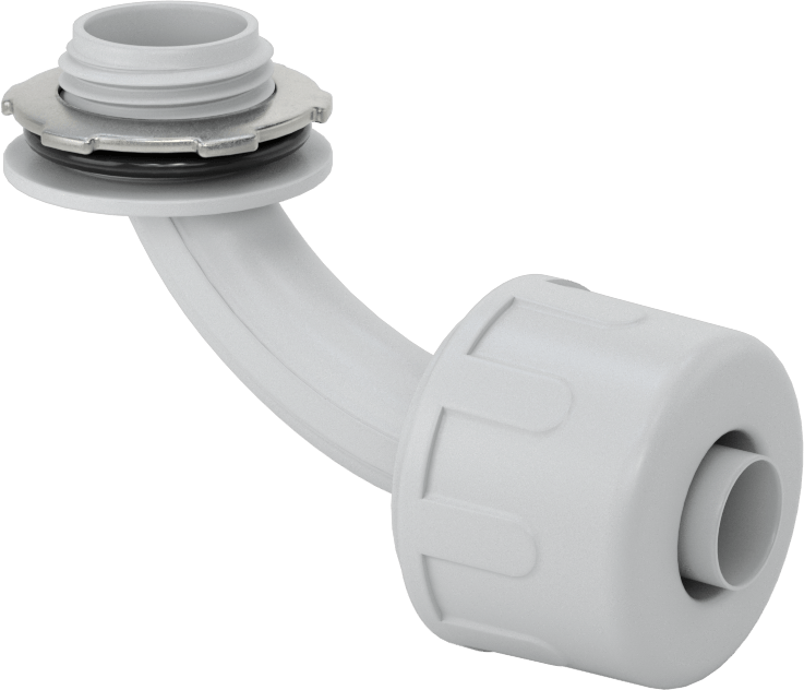 Sıvı Geçirmez Esnek Plastik Kanal Adaptörü, 90 Derece Dirsek, 3/8 Push-In Dişi x 1/2 NPT Erkek, Gri