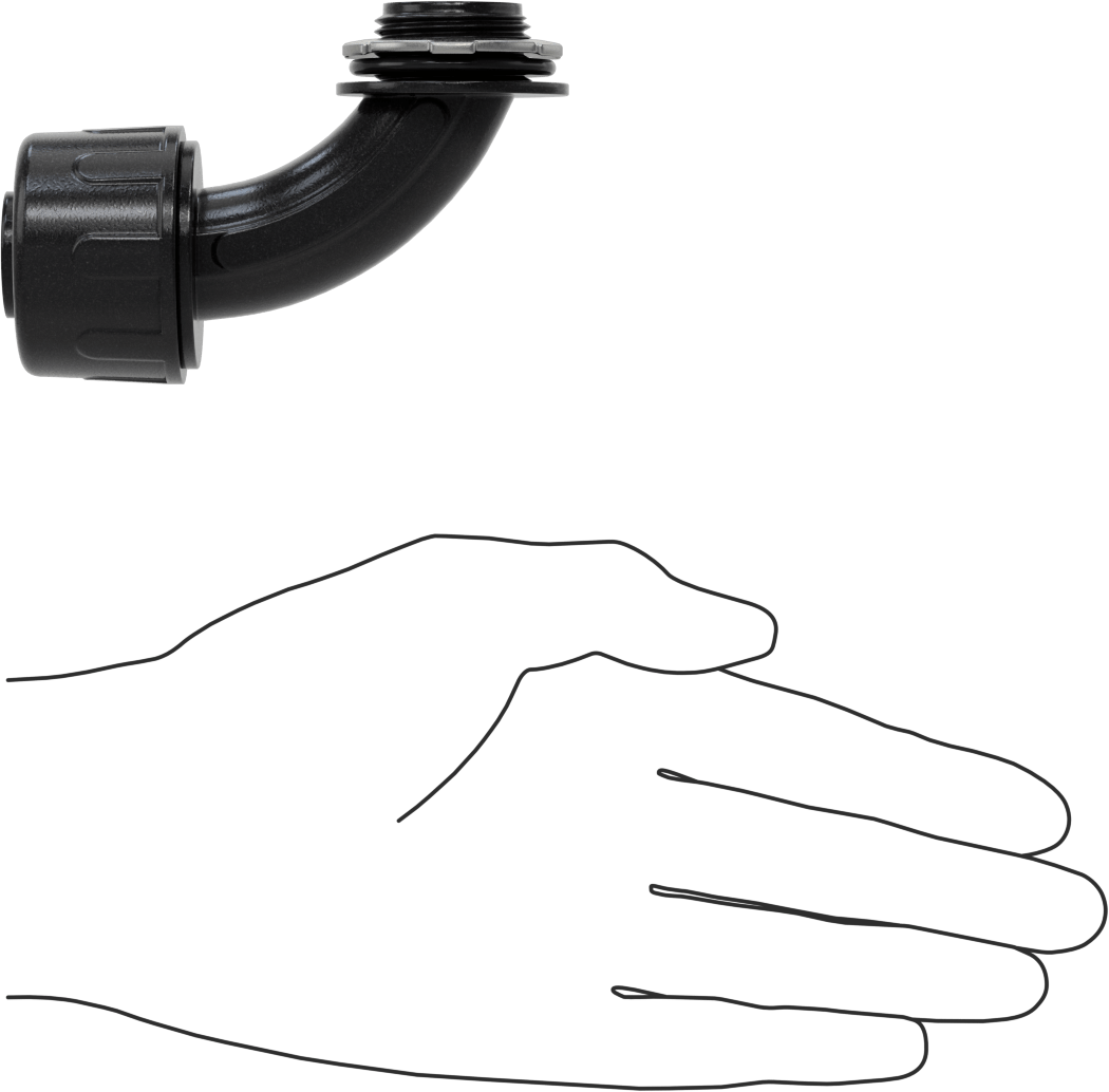 Sıvı Geçirmez Esnek Plastik Kanal Adaptörü, 90 Derece Dirsek, 3/4 Push-In Dişi x 3/4 NPT Erkek, Siyah