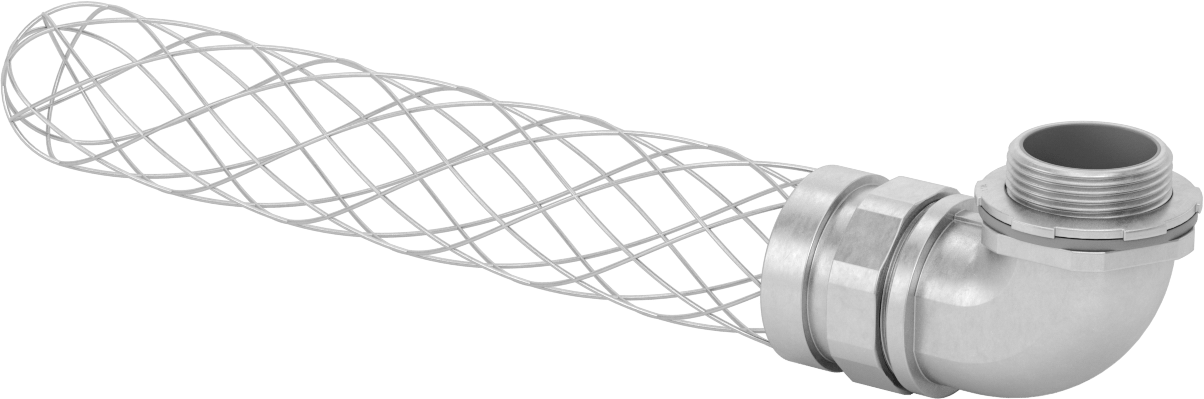 Sıvı Sızdırmaz Esnek Metal Kanal Adaptörü, Ağ Tutamaklı, 90 Derece, 1-1/4 Anma Ölçüsü Dişi x NPT Erkek