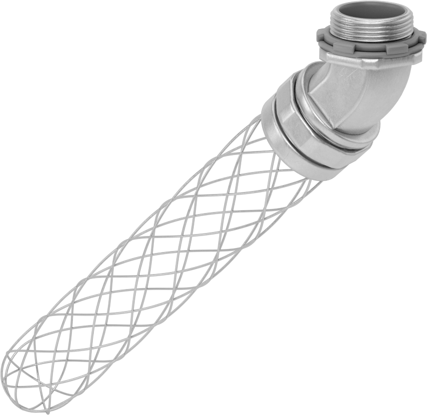 Sıvı Sızdırmaz Esnek Metal Kanal Adaptörü, Ağ Tutamaklı, 45 Derece, 1-1/4 Anma Ölçüsü Dişi x NPT Erkek