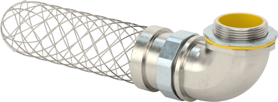 Sıvı Sızdırmaz Esnek Metal Kanal Adaptörü, Ağ Tutamaklı, 90 Derece, 1-1/2 Anma Ölçüsü Dişi x NPT Erkek