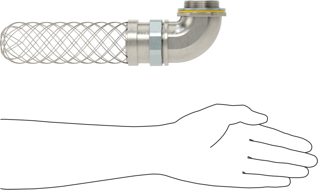 Sıvı Sızdırmaz Esnek Metal Kanal Adaptörü, Ağ Tutamaklı, 90 Derece, 1-1/2 Anma Ölçüsü Dişi x NPT Erkek