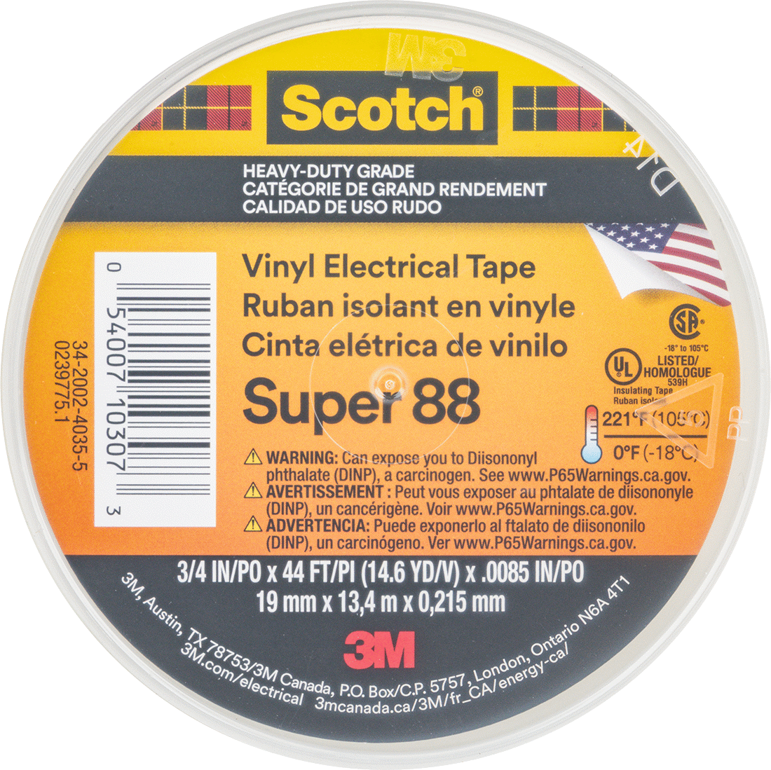 Elektrik Bandı, 3M Scotch Super 88, 3/4" Genişlik, 44 Fit Uzunluk, Siyah