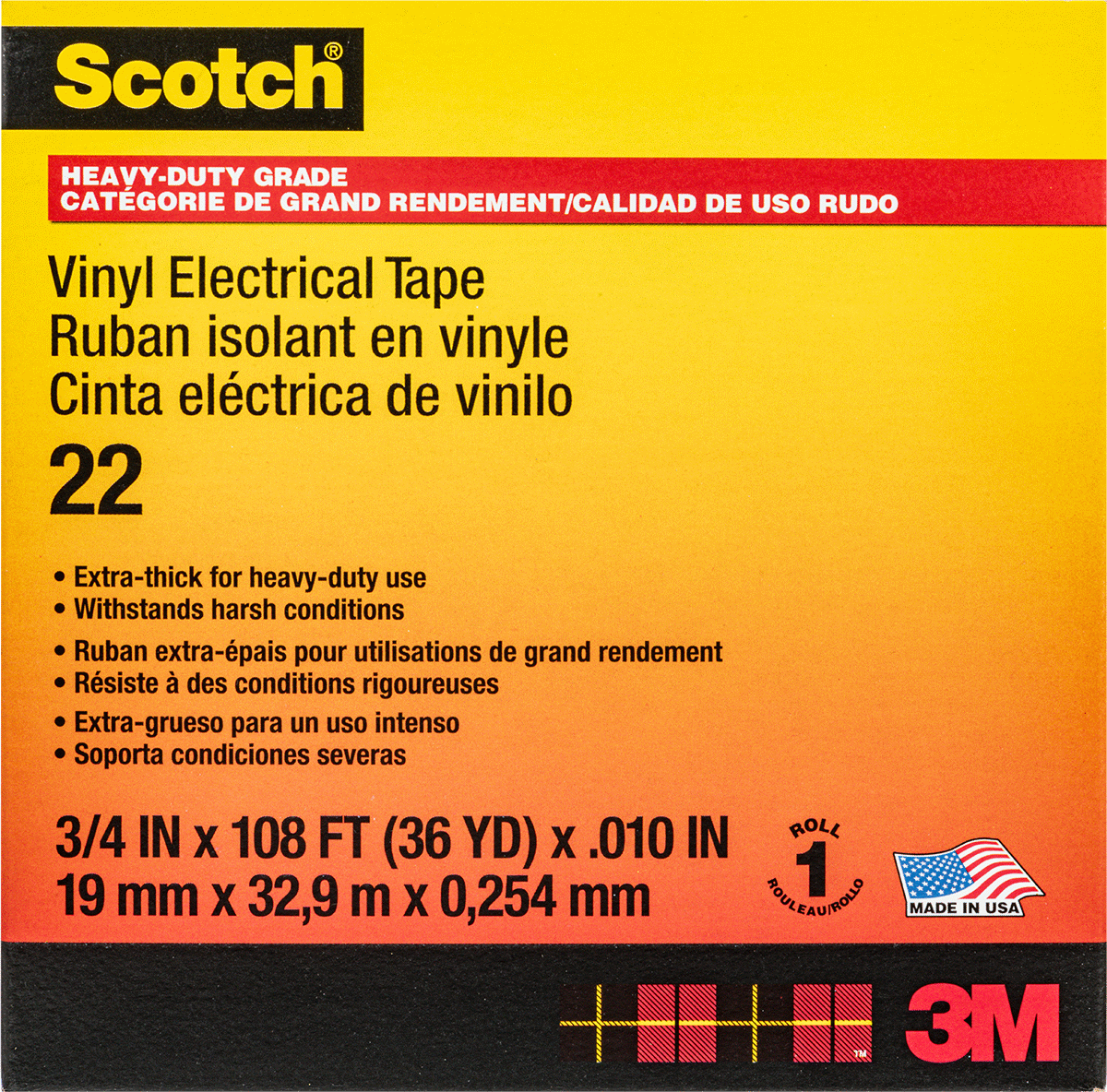 Elektrik Bandı, 3M Scotch 22, 3/4" Genişlik, 108 Fit Uzunluk, Siyah