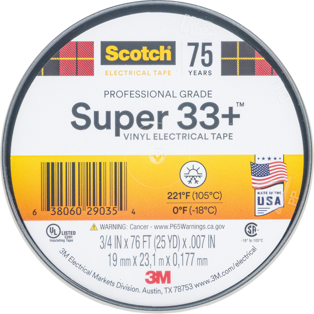 Elektrik Bandı, 3M Scotch Super 33+, 3/4" Genişlik, 76 Fit Uzunluk, Siyah