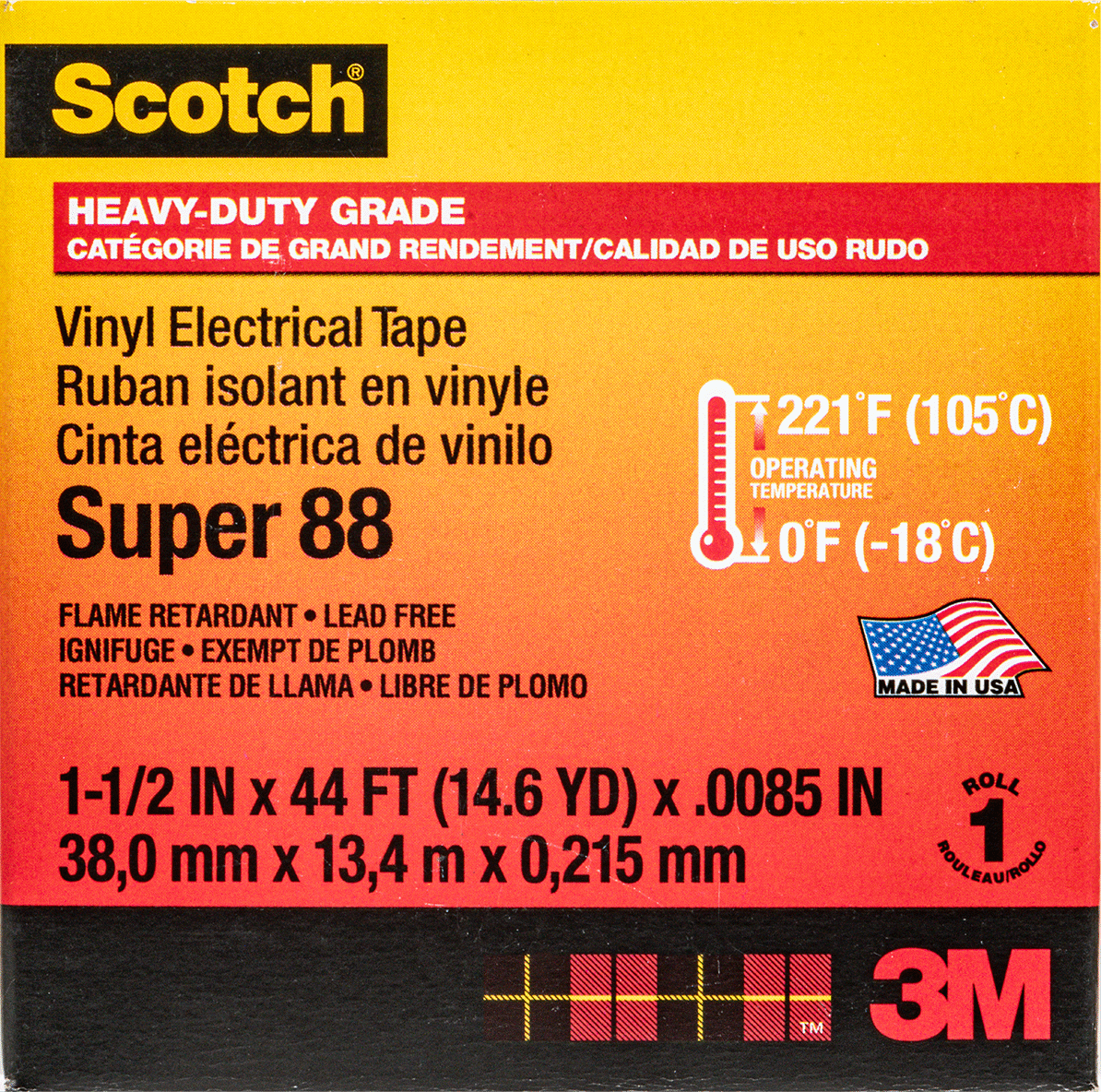 Elektrik Bandı, 3M Scotch Super 88, 1-1/2" Genişlik, 44 Fit Uzunluk, Siyah
