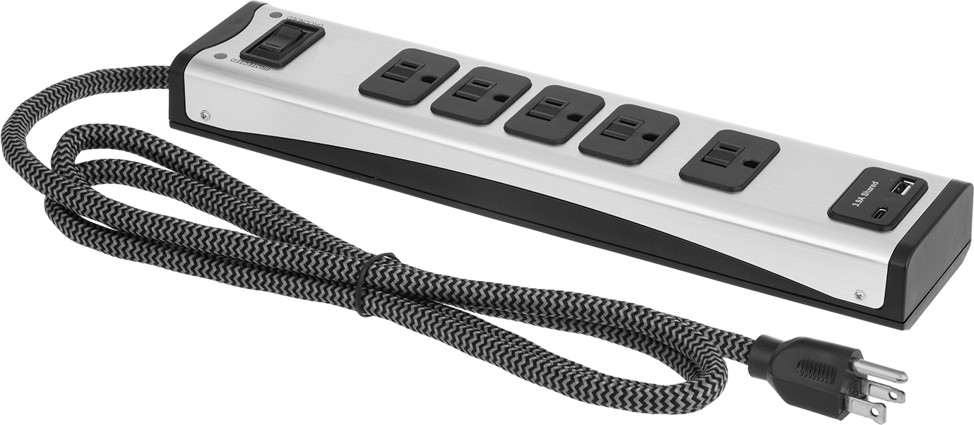 Priz Şeridi, 1 adet USB-A ve 1 adet USB-C bağlantı noktası ile, 5 Çıkış, 6' Uzunlukta Kablo