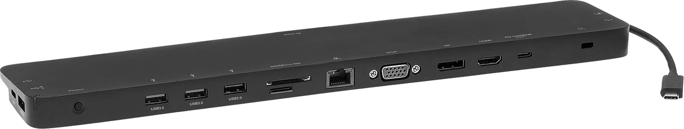 With Female USB-A, USB-C, Computer HD15, Standard HDMI, Computer Standard DisplayPort, Ethernet RJ45, and 3.5 mm Audio Stereo Socket