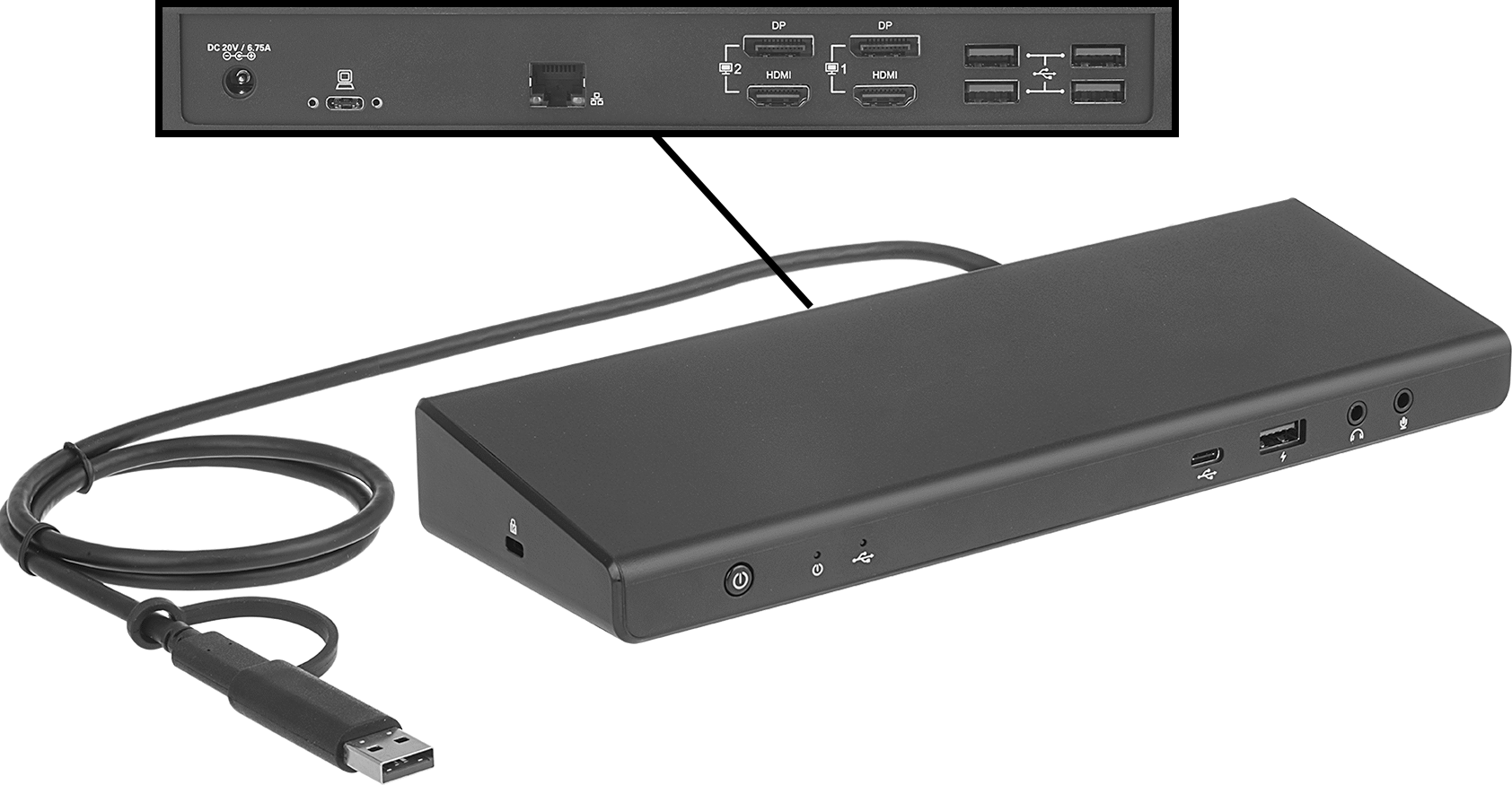 USB-A, 3.2 Gen 1 (5) USB-C, 3.2 Gen 1 (1) Standard HDMI (2) Data Standard DisplayPort (2) Ethernet RJ45 (1) 3.2 mm Audio Stereo Socket (2)
