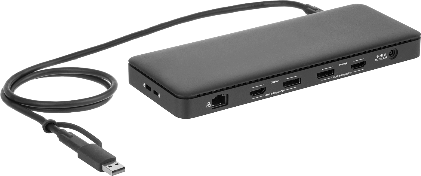 USB-A, 3.2 Gen 1 (5) USB-C, 3.2 Gen 1 (1) Standard HDMI (2) Data Standard DisplayPort (2) Ethernet RJ45 (1) 3.5 mm Audio Stereo Socket (1)