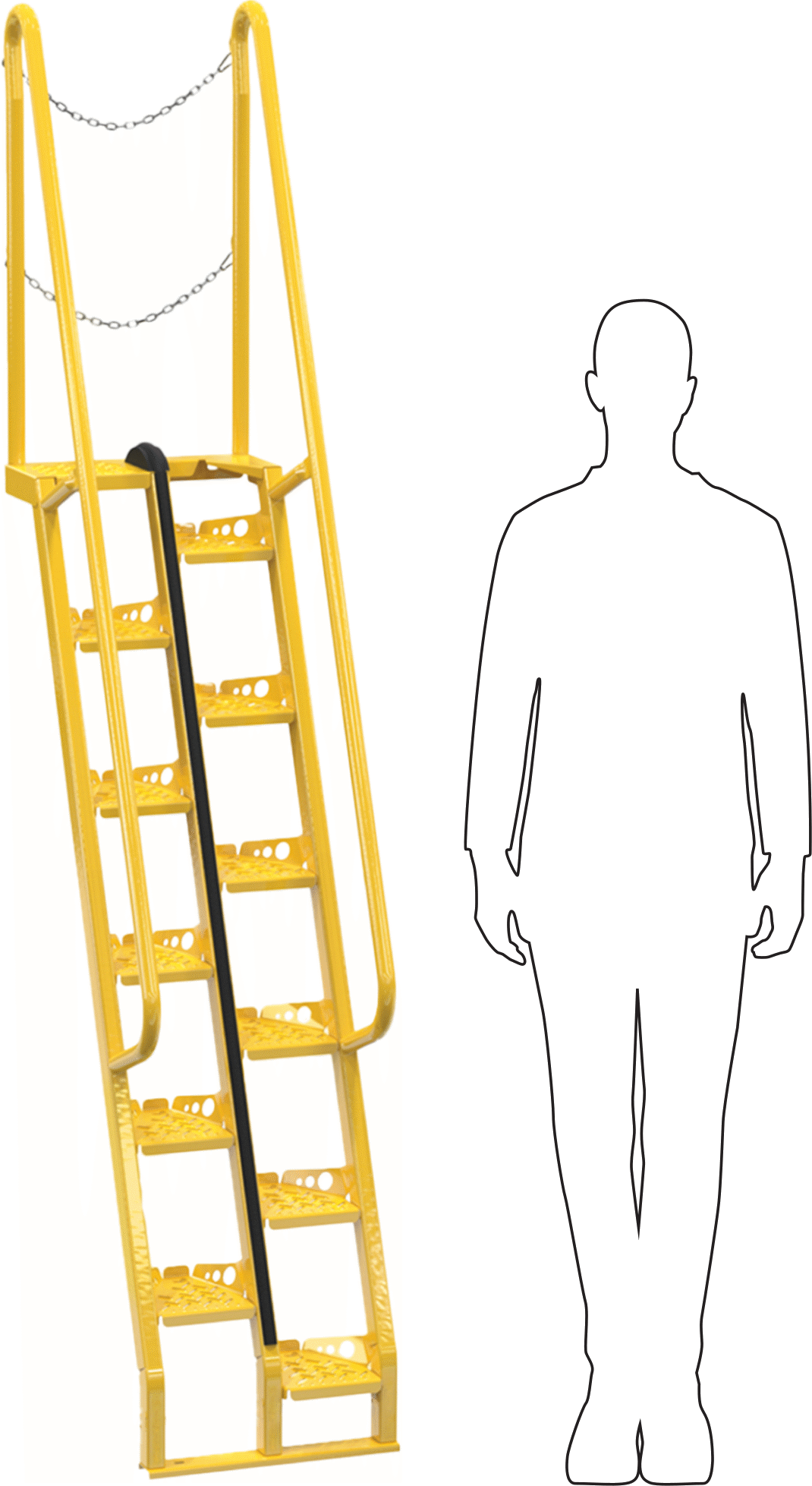 İleriye Doğru İnişli Yer Tasarruflu Merdivenler, OSHA Compliant, 350 lbs. Kapasite, 7 Fit Sahanlık Yüksekliği
