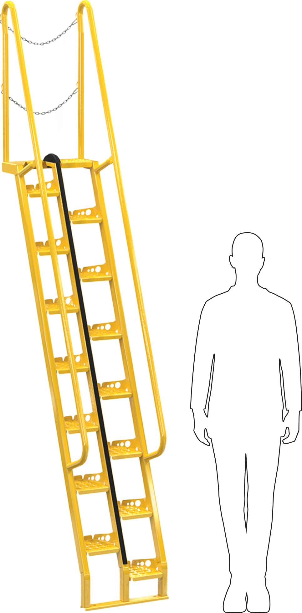 İleriye Doğru İnişli Yer Tasarruflu Merdivenler, OSHA Compliant, 350 lbs. Kapasite, 9 Fit İniş Yüksekliği