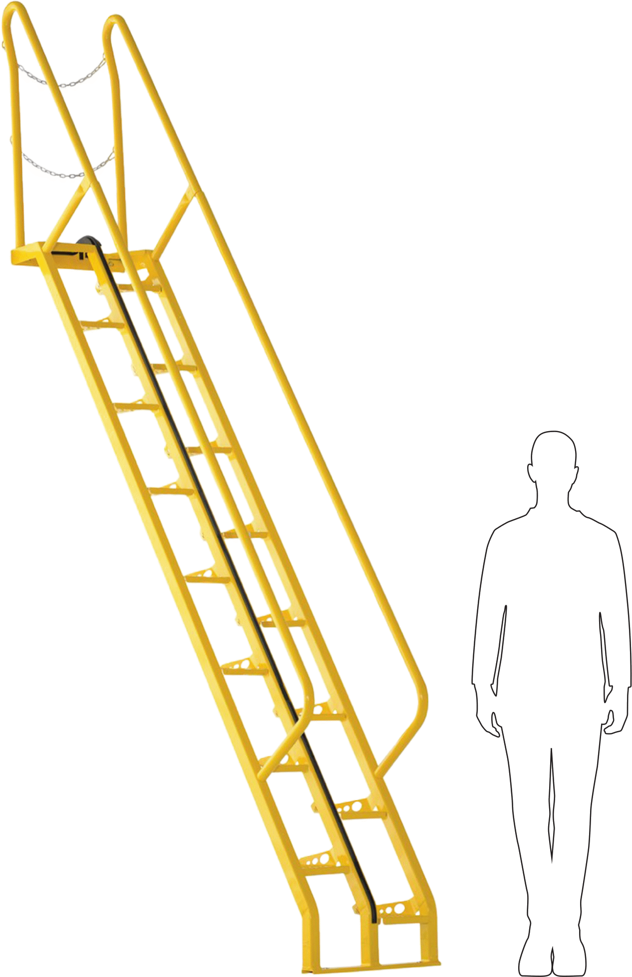 İleriye Doğru İnişli Yer Tasarruflu Merdivenler, OSHA Compliant, 350 lbs. Kapasite, 10 Fit Sahanlık Yüksekliği