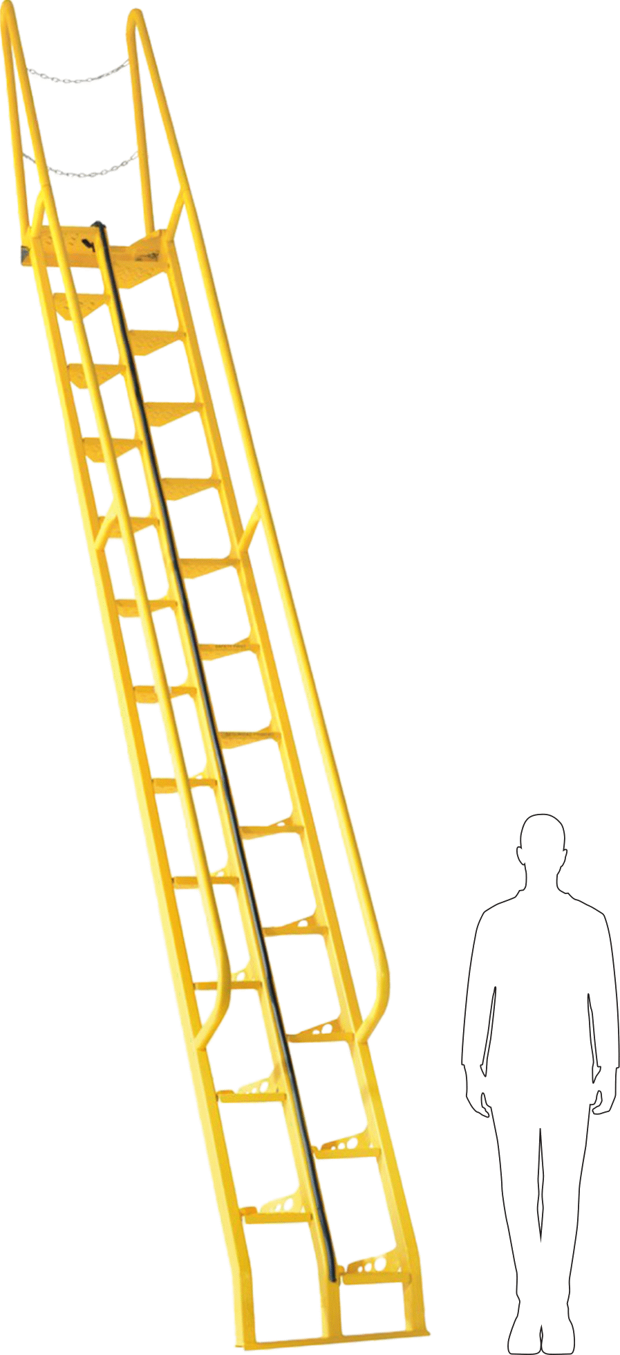 İleriye Doğru İnişli Yer Tasarruflu Merdivenler, OSHA Compliant, 350 lbs. Kapasite, 14 Fit İniş Yüksekliği