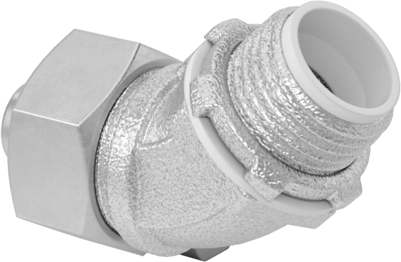 Sıvı Sızdırmaz Esnek Metal Kanal Adaptörü, Topraklama Pabuçlu, 45 Derece, 3/8 Kanal Dişi x 1/2 NPT Erkek