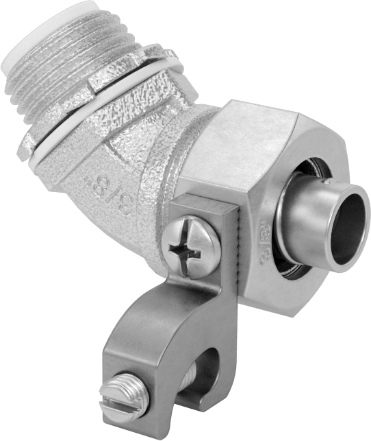 Sıvı Sızdırmaz Esnek Metal Kanal Adaptörü, Topraklama Pabuçlu, 45 Derece, 3/8 Kanal Dişi x 1/2 NPT Erkek