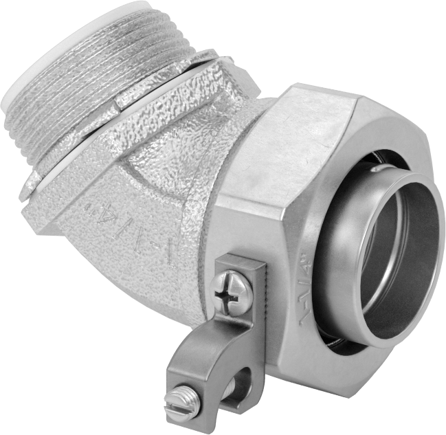 Sıvı Sızdırmaz Esnek Metal Kanal Adaptörü, Topraklama Pabuçlu, 45 Derece, 1-1/4 Kanal Dişi x NPT Erkek