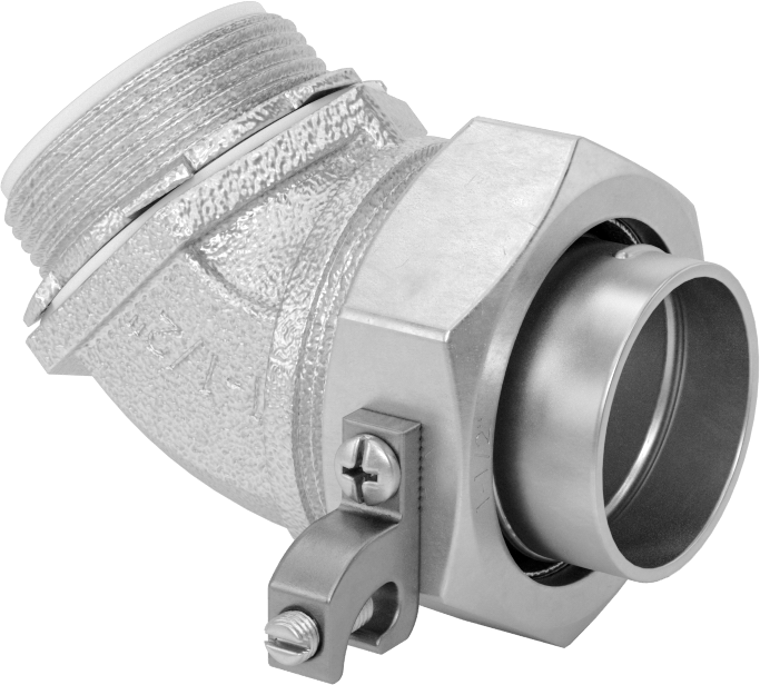 Sıvı Sızdırmaz Esnek Metal Kanal Adaptörü, Topraklama Pabuçlu, 45 Derece, 1-1/2 Kanal Dişi x NPT Erkek