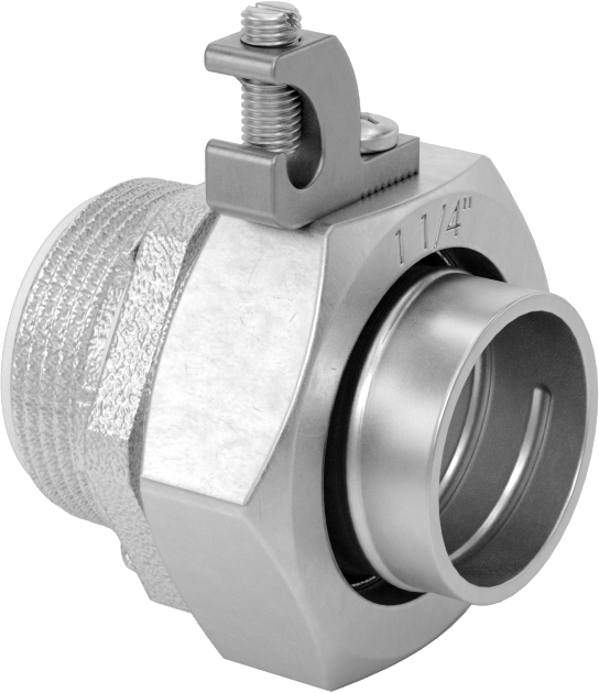 Sıvı Sızdırmaz Esnek Metal Kanal Adaptörü, Topraklama Pabuçlu, Düz, 1-1/4 Kanal Dişi x NPT Erkek