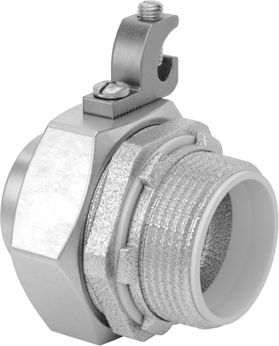 Sıvı Sızdırmaz Esnek Metal Kanal Adaptörü, Topraklama Pabuçlu, Düz, 1-1/4 Kanal Dişi x NPT Erkek