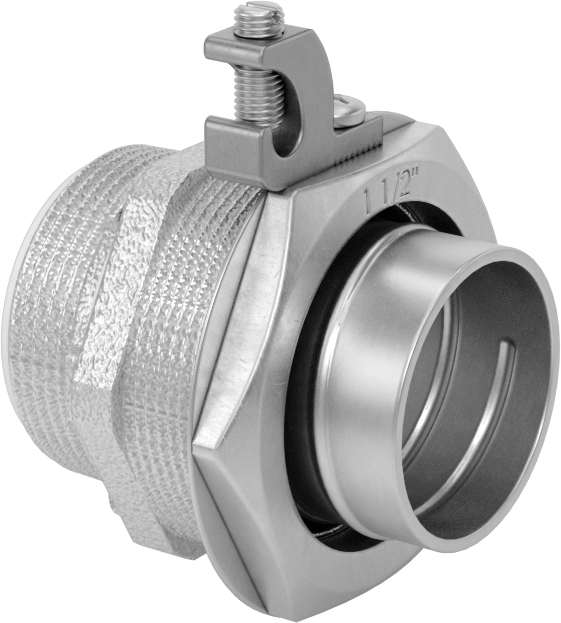 Sıvı Sızdırmaz Esnek Metal Kanal Adaptörü, Topraklama Pabuçlu, Düz, 1-1/2 Kanal Dişi x NPT Erkek
