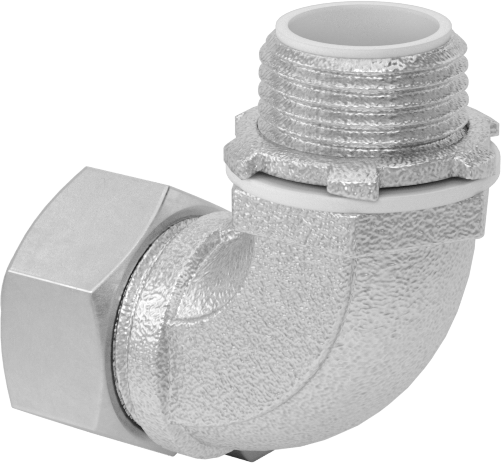 Sıvı Sızdırmaz Esnek Metal Kanal Adaptörü, Topraklama Pabuçlu, 90 Derece, 3/8 Kanal Dişi x 1/2 NPT Erkek