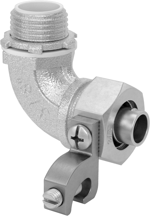 Sıvı Sızdırmaz Esnek Metal Kanal Adaptörü, Topraklama Pabuçlu, 90 Derece, 3/8 Kanal Dişi x 1/2 NPT Erkek