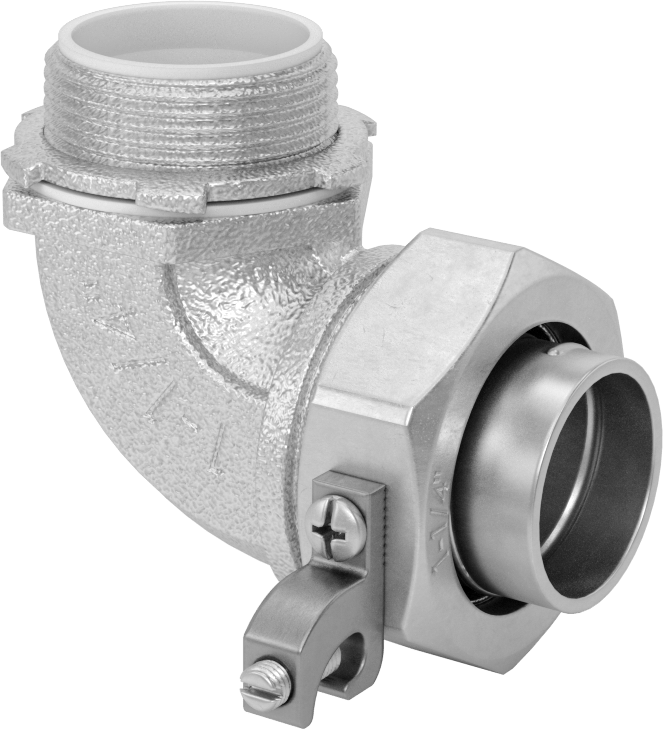 Sıvı Sızdırmaz Esnek Metal Kanal Adaptörü, Topraklama Pabuçlu, 90 Derece, 1-1/4 Kanal Dişi x NPT Erkek
