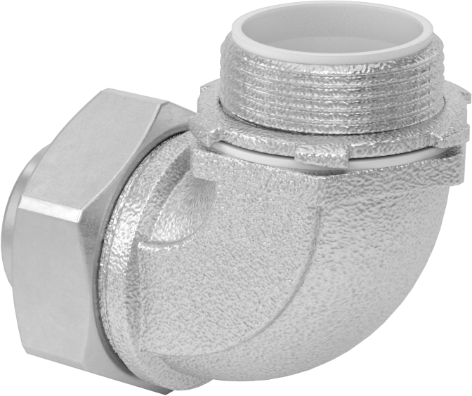 Sıvı Sızdırmaz Esnek Metal Kanal Adaptörü, Topraklama Pabuçlu, 90 Derece, 1-1/4 Kanal Dişi x NPT Erkek