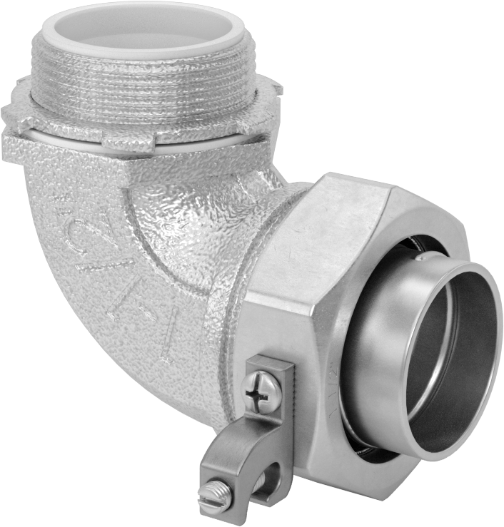 Sıvı Sızdırmaz Esnek Metal Kanal Adaptörü, Topraklama Pabuçlu, 90 Derece, 1-1/2 Kanal Dişi x NPT Erkek