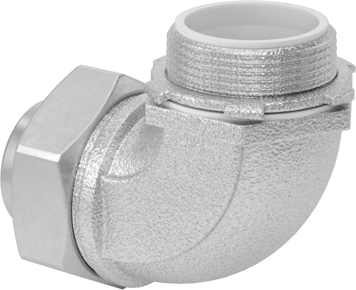 Sıvı Sızdırmaz Esnek Metal Kanal Adaptörü, Topraklama Pabuçlu, 90 Derece, 1-1/2 Kanal Dişi x NPT Erkek