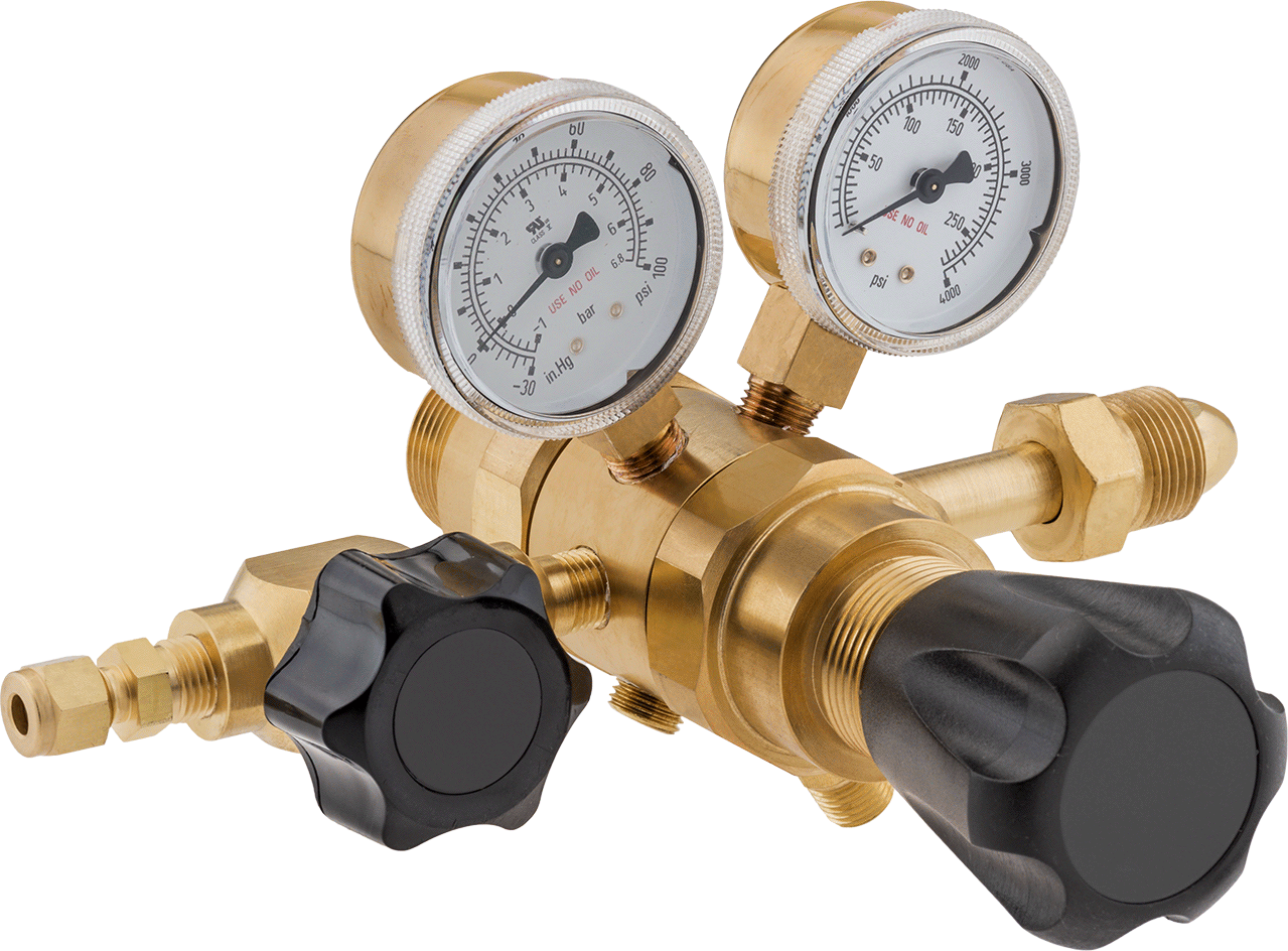 Yüksek Saflıkta Tank Montajlı Basınç Düzenleme Vanası, CGA 580 Ngo Erkek Giriş, Pirinç Gövde, 2 Stage, 0-50 PSI