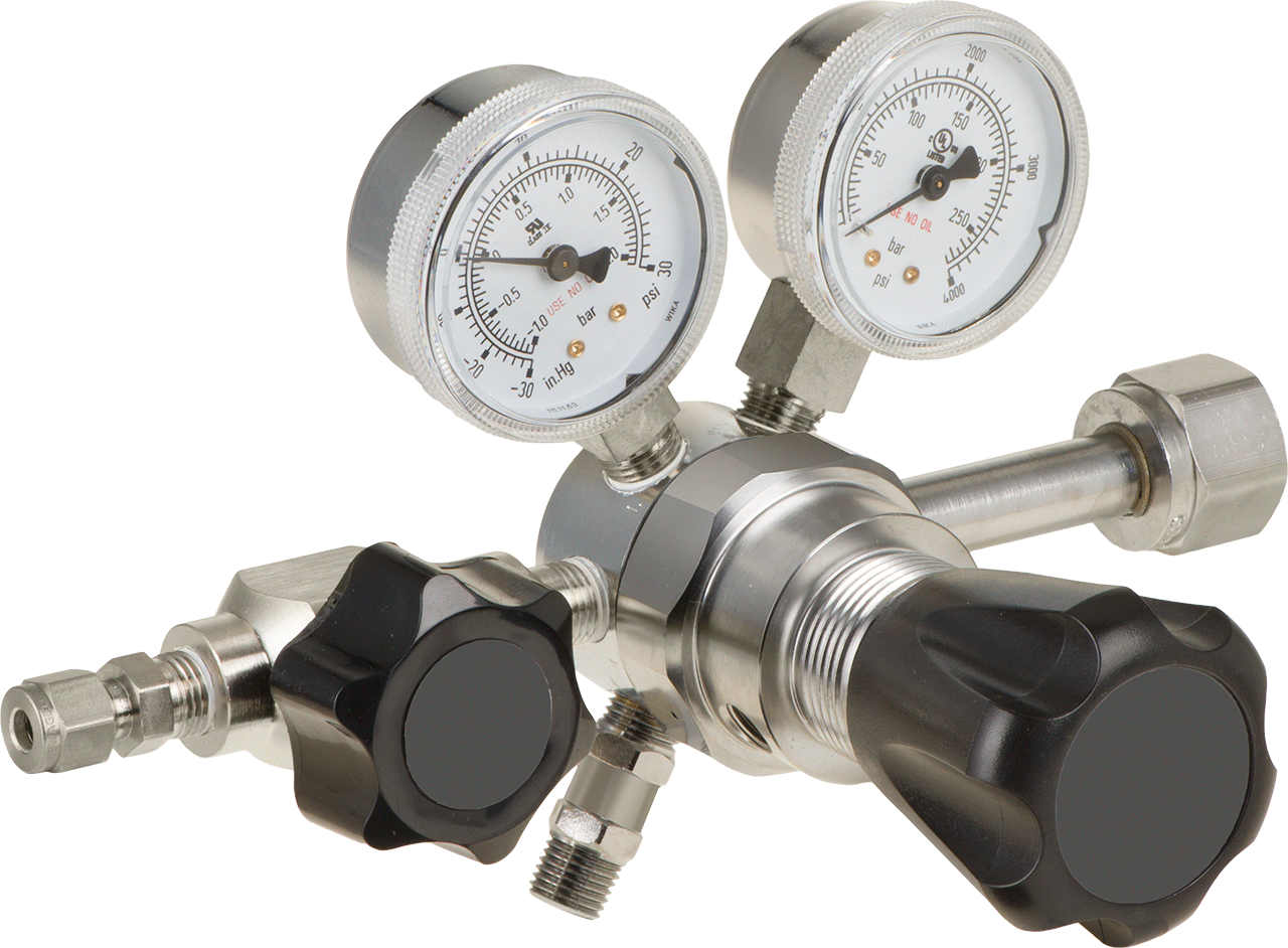 Yüksek Saflıkta Tank Montajlı Basınç Düzenleme Vanası, CGA 320 Dişi Giriş, Krom Kaplama Gövde, 1 Stage, 0-15 PSI