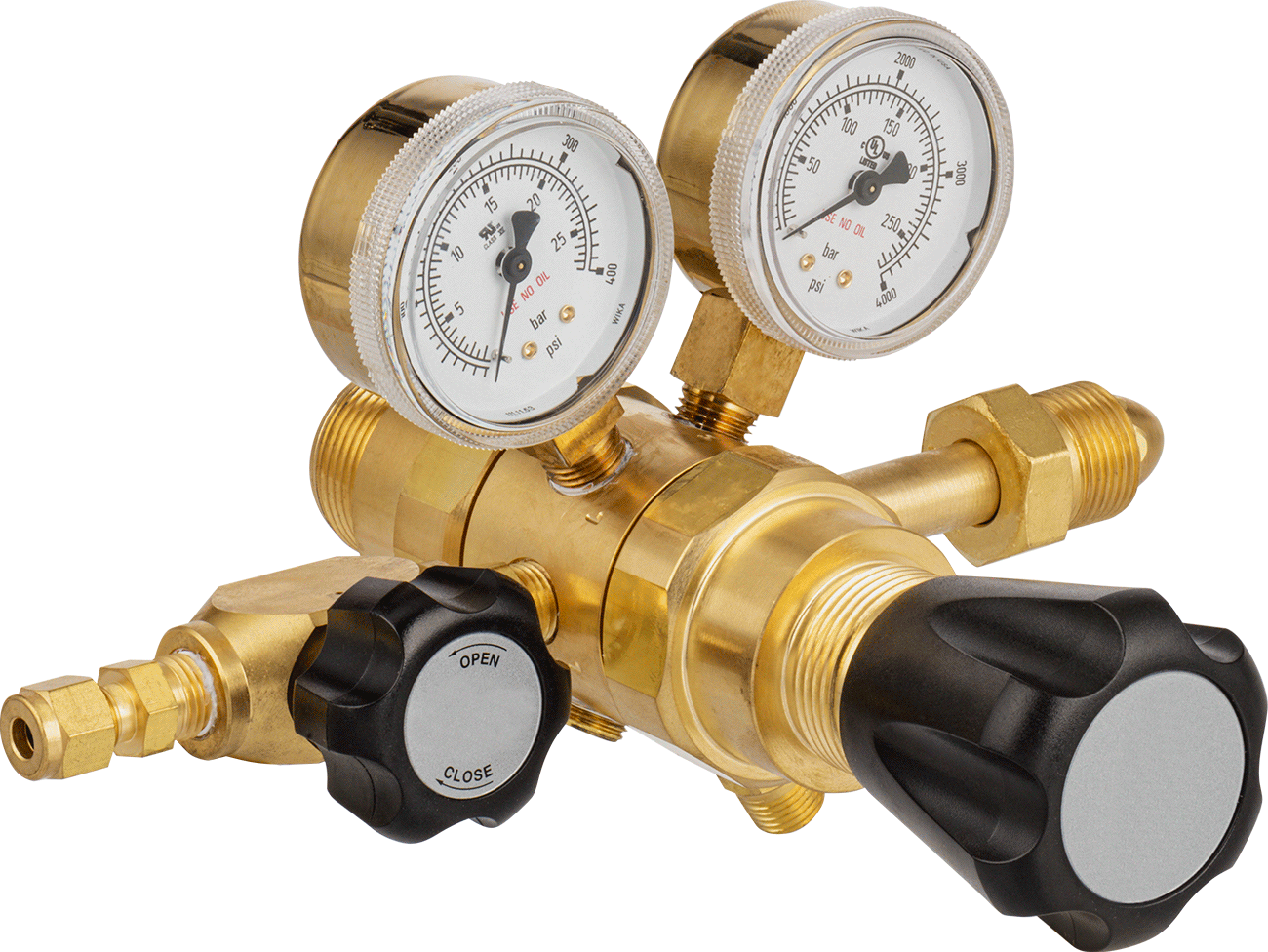 Yüksek Saflıkta Tank Montajlı Basınç Düzenleme Vanası, Pirinç Gövde, CGA 580 Erkek Giriş, 2 Stage, 0-250 PSI