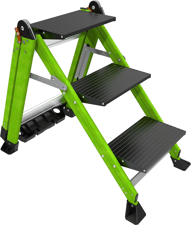 Fiberglas Katlanabilir Basamaklı Tabure, Korkuluk ile, 3 Yivli Basamak, 42“ Yükseklik x 21” Genişlik Toplam