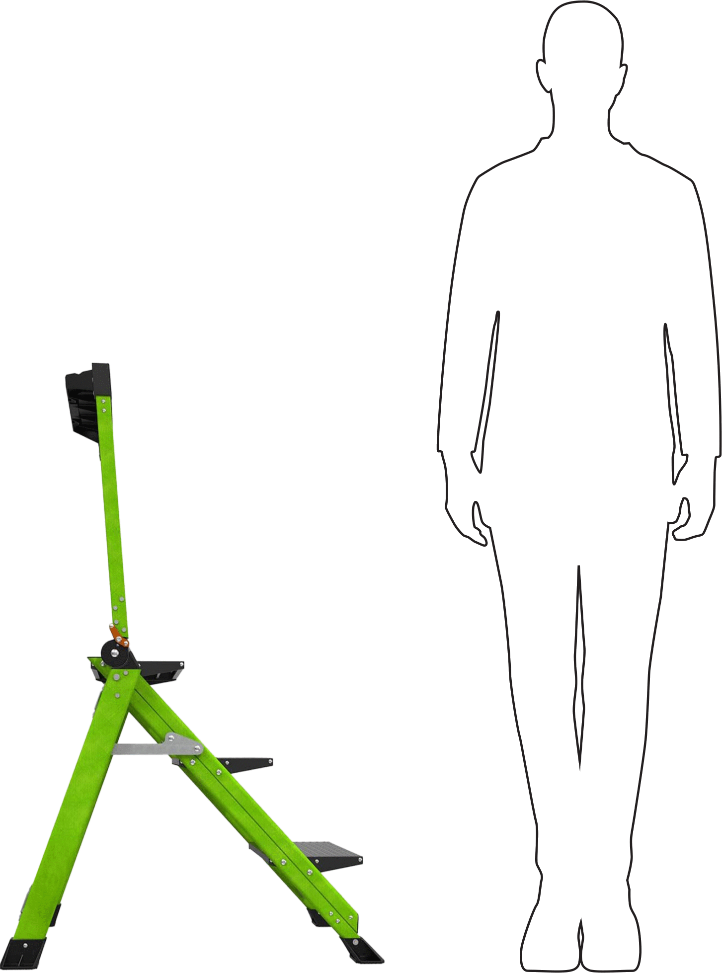 Fiberglas Katlanabilir Basamaklı Tabure, Korkuluk ile, 3 Yivli Basamak, 42“ Yükseklik x 21” Genişlik Toplam