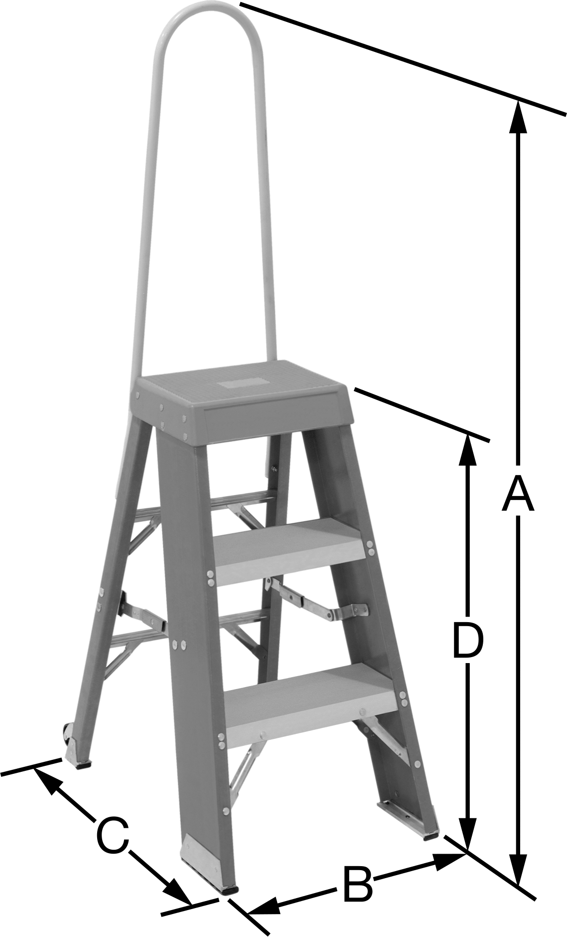 Fiberglas Katlanabilir Basamaklı Tabure, Korkuluk ile, 3 Yivli Basamak, 64“ Yükseklik x 20” Genişlik Toplam