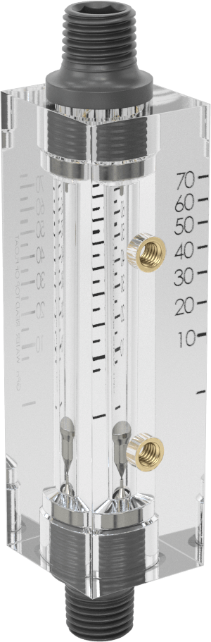 Akrilik Plastik Gövdeli Akış Ölçer, Dikdörtgen, PVC Bağlantı Parçası, 1/4 NPT Erkek, 7.5-75 gph