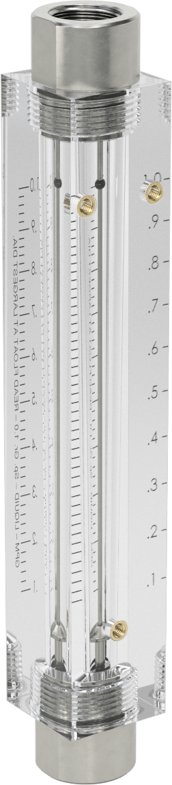 Akrilik Plastik Gövdeli Akış Ölçer, Dikdörtgen, Paslanmaz Çelik Bağlantı Parçası, 1/2 NPT, 9,25" Yükseklik, 0.1-1 gpm