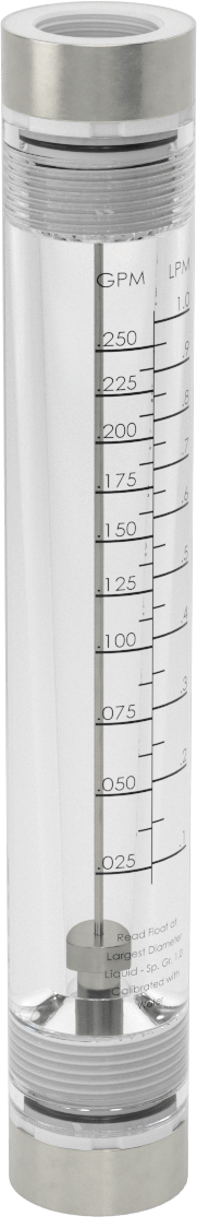Akrilik Plastik Gövdeli Akış Ölçer, Silindir, Polipropilen Bağlantı Parçası, 1/2 NPT, 0.025-0.25 gpm