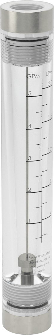 Akrilik Plastik Gövdeli Akış Ölçer, Silindir, Polipropilen Bağlantı Parçası, 1/2 NPT, 0.05-0.5 gpm