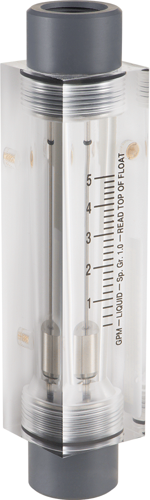 Akrilik Plastik Gövdeli Akış Ölçer, Dikdörtgen, PVC Bağlantı Parçası, 1/2 NPT Dişi, 0.4-5 gpm