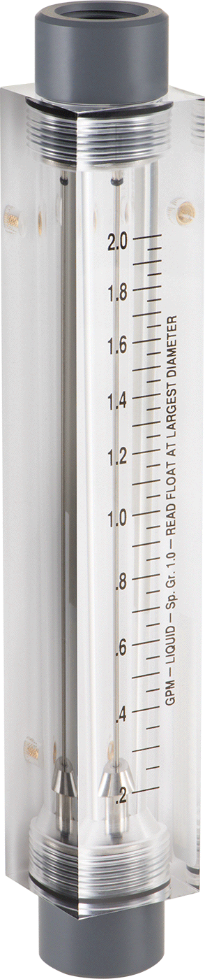 Akrilik Plastik Gövdeli Akış Ölçer, Dikdörtgen, PVC Bağlantı Parçası, 1/2 NPT, 0.2-2 gpm
