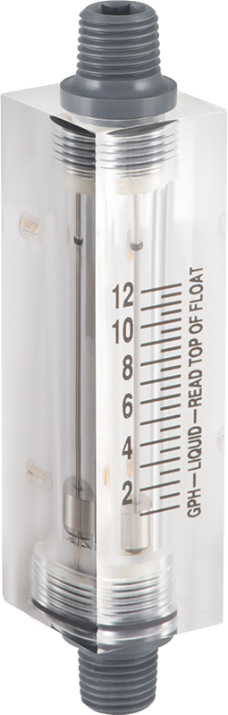 Akrilik Plastik Gövdeli Akış Ölçer, Dikdörtgen, PVC Bağlantı Parçası, 1/4 NPT Erkek, 1-12 gph
