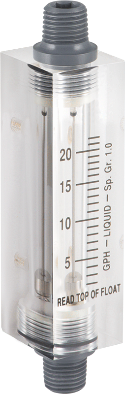 Akrilik Plastik Gövdeli Akış Ölçer, Dikdörtgen, PVC Bağlantı Parçası, 1/4 NPT Erkek, 2.2-22 gph