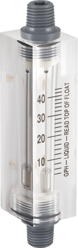 Akrilik Plastik Gövdeli Akış Ölçer, Dikdörtgen, PVC Bağlantı Parçası, 1/4 NPT Erkek, 4.4-44 gph