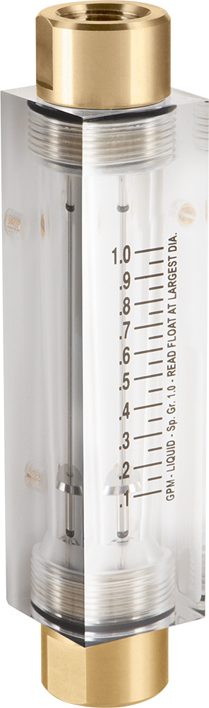 Akrilik Plastik Gövdeli Akış Ölçer, Dikdörtgen, Pirinç Bağlantı Parçası, 1/2 NPT, 6,5" Yükseklik, 0.1-1 gpm
