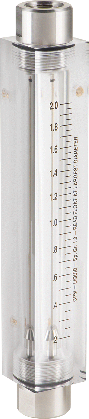 Akrilik Plastik Gövdeli Akış Ölçer, Dikdörtgen, Paslanmaz Çelik Bağlantı Parçası, 1/2 NPT, 9,25" Yükseklik, 0.2-2 gpm