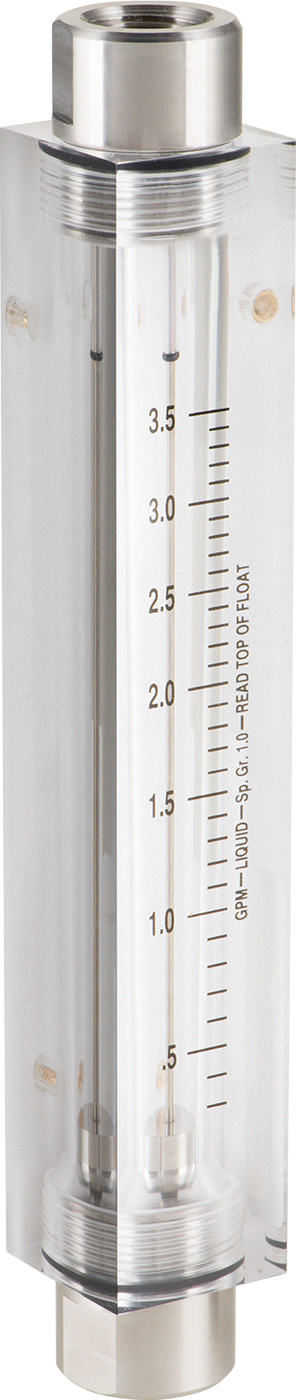 Akrilik Plastik Gövdeli Akış Ölçer, Dikdörtgen, Paslanmaz Çelik Bağlantı Parçası, 1/2NPT, 9,25" Yükseklik, 0,35-3,5 gpm